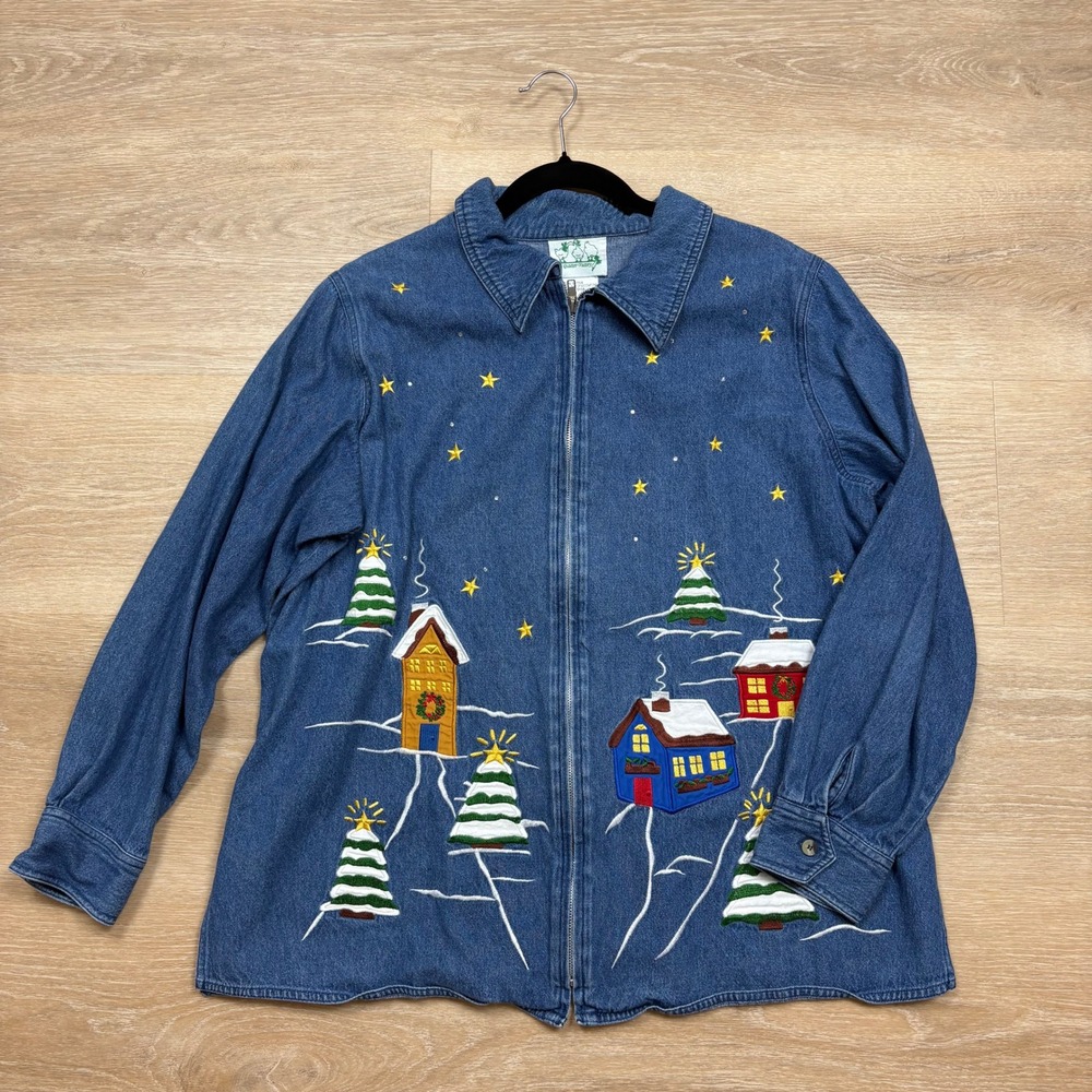 The Quaker Factory Embroidered Christmas‎ Village Full Zip Up Jacket Women's 1X